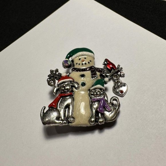 KC Snowman with Cardinal Bird Cat & Dog Enamel Christmas Holiday Brooch Pin - Picture 1 of 8